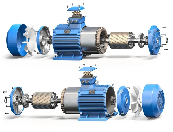 Elektrik motor parçaları ve beyaz arka planda izole edilmiş bir yapı. 3d illüstrasyon