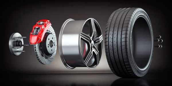 汽车车轮结构 圆盘制动器与口径 3D说明 — 图库照片