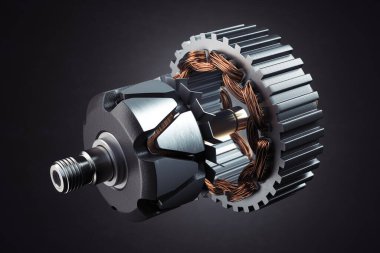 Araba alternatörünün pervanesi ve durağanı ya da siyah üzerine elektrikli motor. 3d illüstrasyon