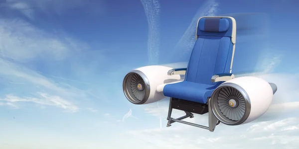 飞机上的座位在空中飞行的飞机发动机上 旅行和旅游概念 3D说明 — 图库照片