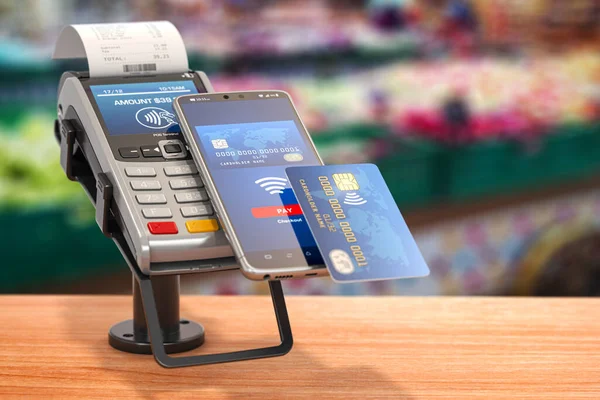 Contactless  payment with smart phone. POS terminal with NFC mobile phone in asupermarket. 3d illustration