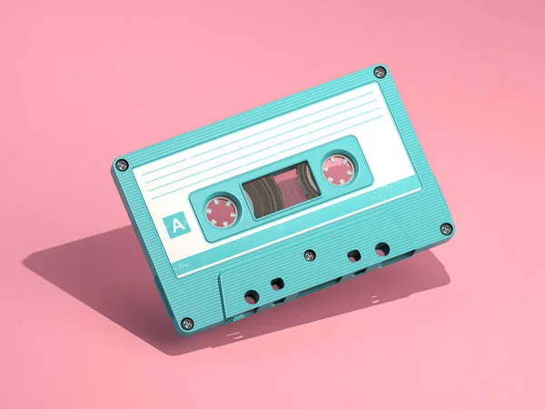 Blauwe Vintage Audiocassette Roze Achtergrond Illustratie Stockfoto
