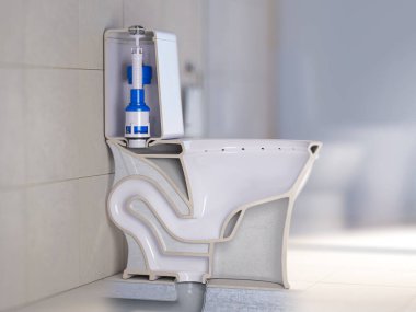 Tuvaletin çapraz bölümü. Kase ve tuvalet tankının yapısı. 3d illüstrasyon