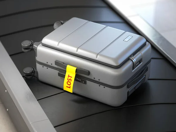 空港の手荷物コンベアまたは手荷物受取所の手荷物受取所にステッカーを紛失したスーツケース 3Dイラスト — ストック写真