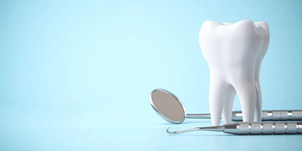 Tandheelkundig Tandheelkundig Gereedschap Blauwe Achtergrond Tandheelkundige Zorg Behandelingen Orale Gezondheid Stockfoto