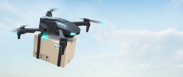 Drone Entrega Voo Com Caixa Papelão Conceito Entrega Expressa Ilustração — Fotografia de Stock