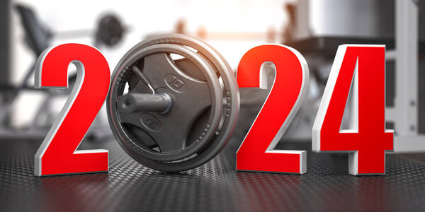 2024 Happy New Year  in fitness bodybuilding workout gym. Number 2024 with barbell and oter spoirt equipment. 3d illustration 
