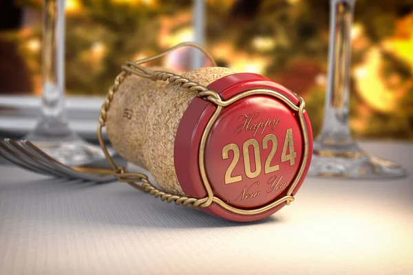 2024 Happy New Year Champaign Tutup Gabus Dengan Atas Meja — Stok Foto