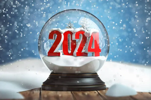 Selamat Tahun 2024 Baru Snowball Menyaksikan 2024 Atas Meja Kayu — Stok Foto