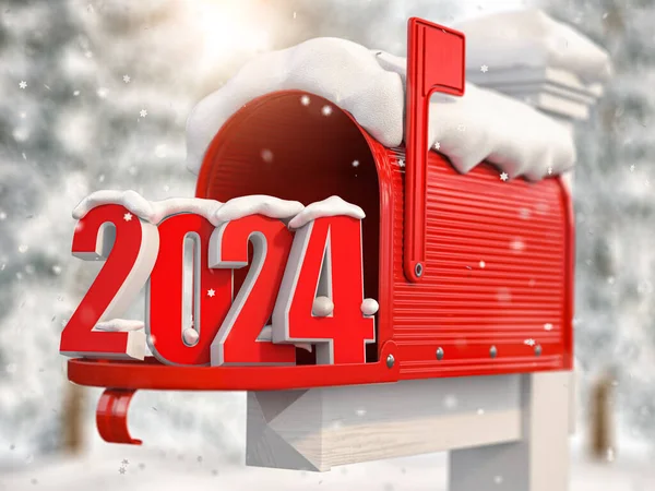 Feliz Año Nuevo 2024 Buzón Con Letras Número 2024 Ilustración Fotos de stock
