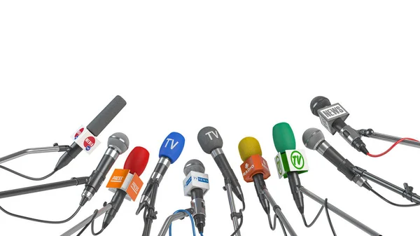Микрофоны Разных Сми Изолированы Белому Пресс Конференция Концепция Интервью Иллюстрация Стоковое Фото