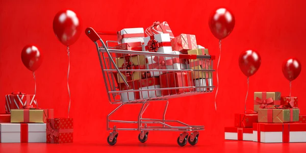 Winkelwagen Vol Geschenkdozen Met Linten Strikken Een Rode Achtergrond Valentijnsdag Stockfoto