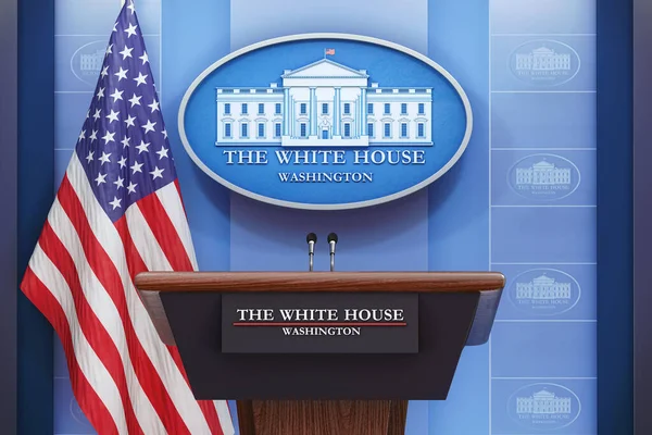 백악관에서 대통령의 브리핑 국기와 화이트 하우스의 기호와 포디움 스피커 트리뷴 스톡 사진