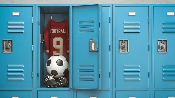 Футбольне Обладнання Футбольний Футболка Шльондри Шкільній Роздягальні Ілюстрація Стокове Зображення