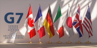 G7 zirvesi ya da toplantı konsepti. Yedi kişilik G7 grubunun bayraklarından ve ülke listelerinden. 3d illüstrasyon
