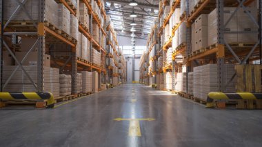 Karton kutular ve paketlerle dolu raflarla dolu bir mağaza. Lojistik, depolama ve teslimat endüstriyel geçmişi. 3d illüstrasyon