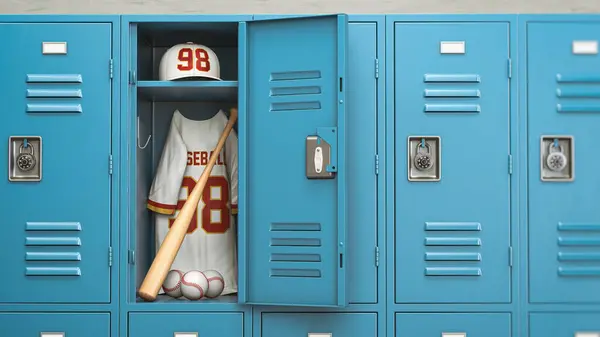 Baseball Labda Ütő Iskolai Öltözőben Baseball Sportfelszerelés Képzési Koncepció Illusztráció Jogdíjmentes Stock Képek