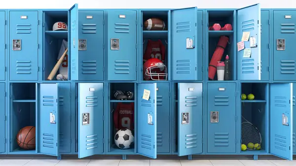 Kind of sports concept. School lockers with open doors and sports equipment, items and accessories for sports. 3d illustration