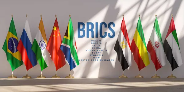 Bricsサミットまたはミーティングコンセプト Bricsのすべての国のメンバーの旗から行きます 3Dイラスト ストックフォト