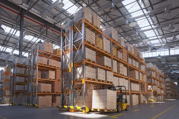 Retail Warehouse Full Shelves Cardboard Boxes Packages Logistics Storage Delivery Stock Image