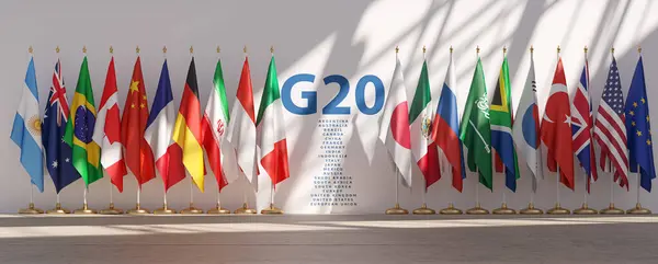 Vertice Concetto Riunione Del G20 Riga Dalle Bandiere Tutti Membri Foto Stock