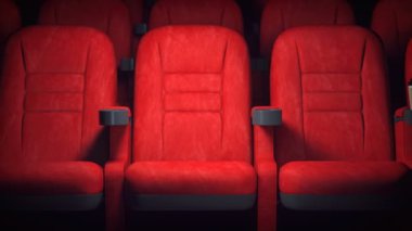 Boş sinema koltukları ve plastik kahve fincanı. Döngüsel 3d canlandırma
