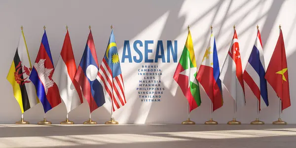Aseanミーティングコンセプト Asean東南アジア諸国加盟国が一列に旗を掲げている 3Dイラスト ロイヤリティフリーのストック画像