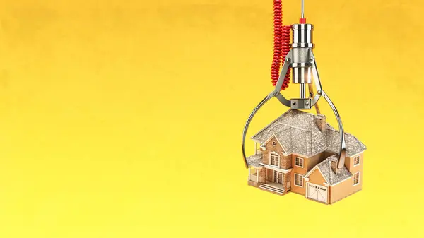 不動産と住宅ローンのコンセプトを選択します 黄色の背景に家が付いている機械爪 3Dイラスト ロイヤリティフリーのストック写真