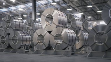 Metal levha ruloları. Çinko, alüminyum ya da çelik levha fabrika deposunda. 3d illüstrasyon