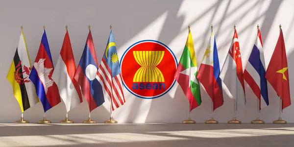 Aseanミーティングコンセプト Asean東南アジア諸国加盟国が一列に旗を掲げている 3Dイラスト ストック画像