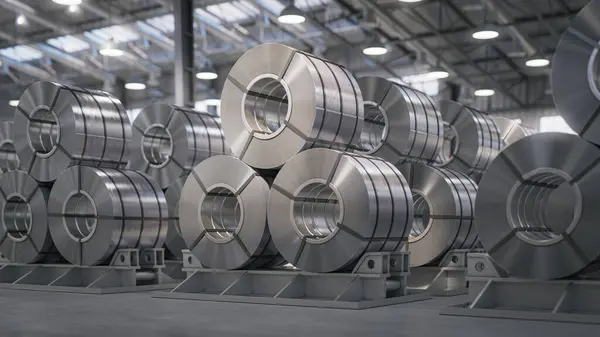金属シートのロール アルミニウムまたは鋼板は工場の倉庫でロールします 3Dイラスト ロイヤリティフリーのストック写真
