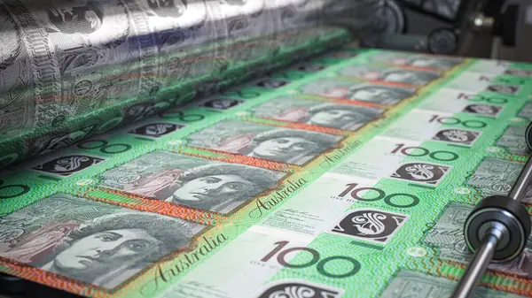 Drucken Von Geld Australischen Dollar Aud Scheine Auf Einer Druckmaschine lizenzfreie Stockfotos