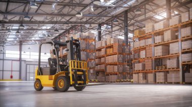 Karton kutular ve paketlerle dolu raflarla dolu bir mağaza. Lojistik, depolama ve teslimat endüstriyel geçmişi. 3d illüstrasyon