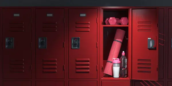 学校更衣室里的健身和健身设备 3D说明 图库照片