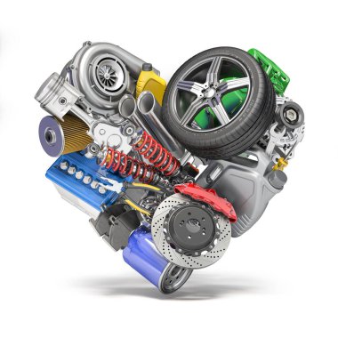 Otomobil parçaları ve yedek araba. Beyaza izole edilmiş kalp şeklinde. 3d illüstrasyon