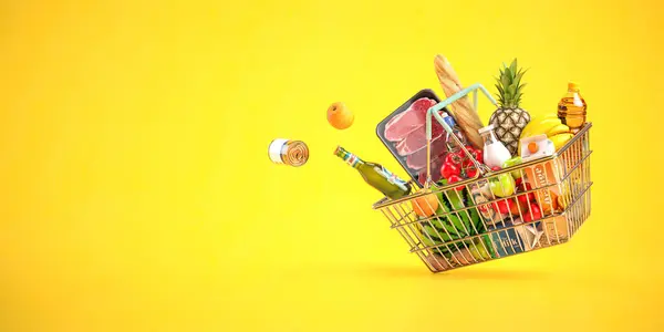 イエローバックグラウンドで食料品 食べ物 飲み物がいっぱいのショッピングバスケット 3Dイラスト ストック画像
