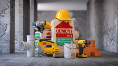 İnşaat malzemeleri ve aletler tadilat bitmeden duvarların içinde. 3d illüstrasyon