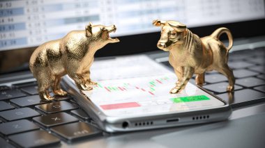 Borsada altın boğa ve ayı, ekranda borsa veri uygulaması olan akıllı telefondaki borsanın sembolleri. 3d illüstrasyon