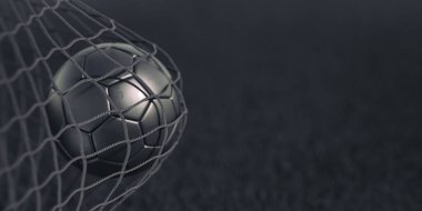 Futbol topu kaleye uçtu. Siyah futbol topu siyah arka planda. 3B illüstrasyon