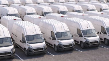 Ekspres servis konsepti. Nakliye kamyonları ve kamyonlar arka arkaya park ediyor. 3d illüstrasyon