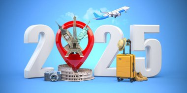 2025 Mutlu yıllar. 2025 numara ve dünyanın en popüler simgeleriyle birlikte. Londra, Paris, Roma ya da New York 'ta yeni yıl kutlaması. 3d illüstrasyon