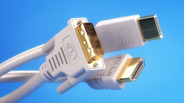 Çeşitli dijital video kablosu tipleri ve bağlantı eklentileri. HDMI, port ve DVI kablolarını göster. 3d illüstrasyon