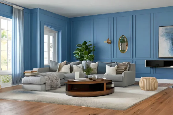 Contemporary Residential Living Room, Background Wall Color Powder Blue