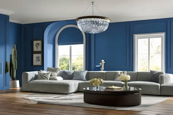 Contemporary Residential Living Room, Background Wall Color Powder Blue