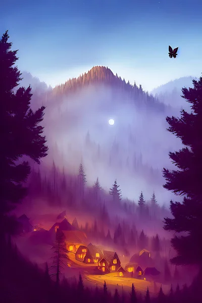 Incredibly village in forest mountains, Coniferous trees in the fog, beautifull lighting