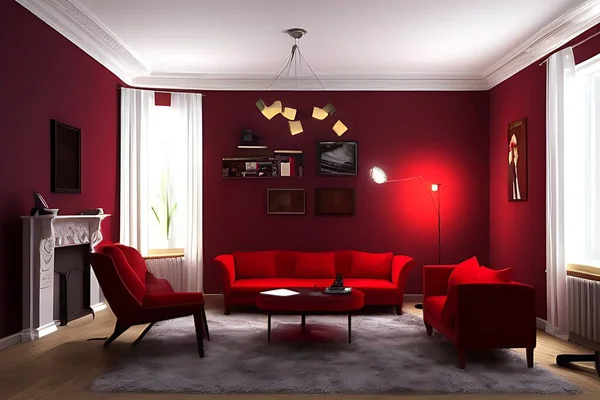 Creative Drawing Room, Wall Paint Color Brown Red with Sofa