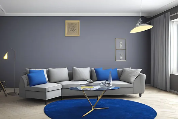Creative Drawing Room, Wall Paint Color Sapphire Blue with Sofa Set