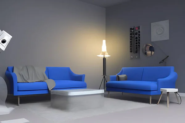 Creative Drawing Room, Wall Paint Color Sapphire Blue with Sofa Set