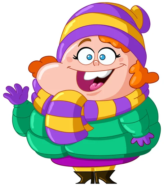 快乐的胖胖的女人穿着冬衣挥手 — 图库矢量图片