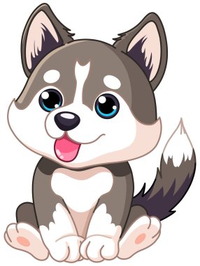 Sibiryalı köpek yavrusu dili dışarıda oturuyor.